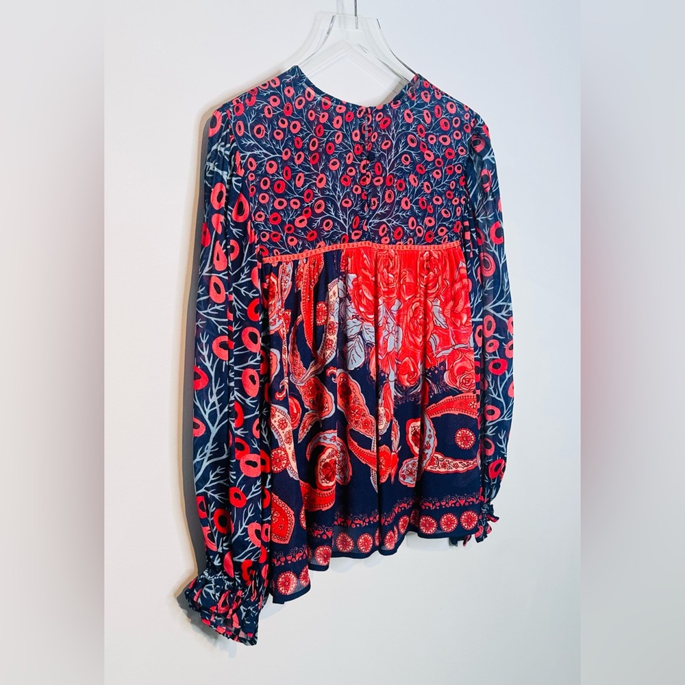 Anthro BLNK Miranda Peasant Red Blue Print Blouse Shirt Top - Picture 7 of 15